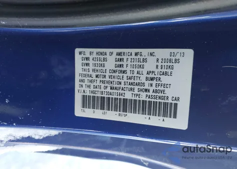 2013 Honda Accord Ex z USA, uszkodzony, nr VIN 1HGCT1B73DA015842